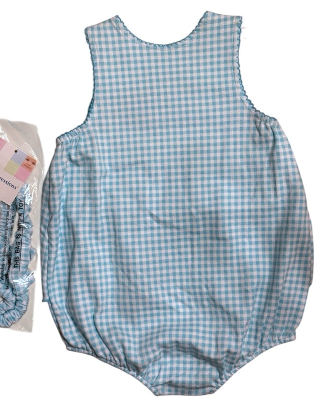 Vintage First Impressions Baby Girl Bubble Romper 6-9M Blue Gingham NWT Floral - Picture 6 of 9